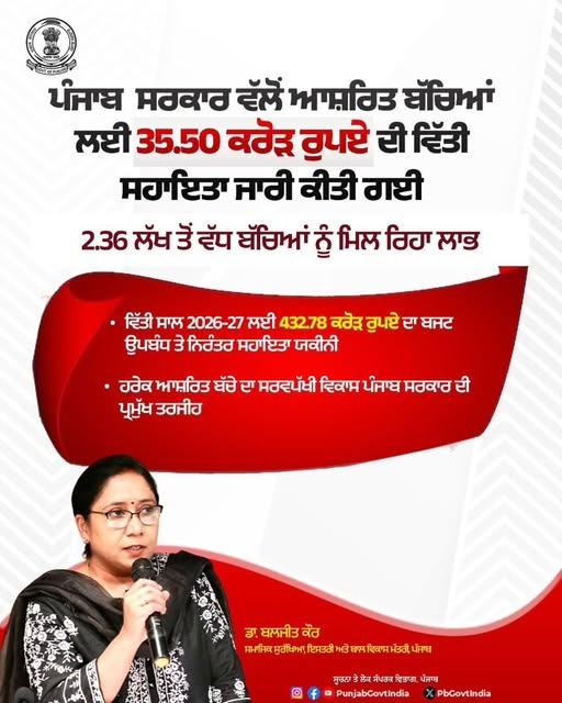 Punjab Govt Releases ₹35.50 Crore for Welfare of Dependent Children, Over 2.36 Lakh Beneficiaries Covered